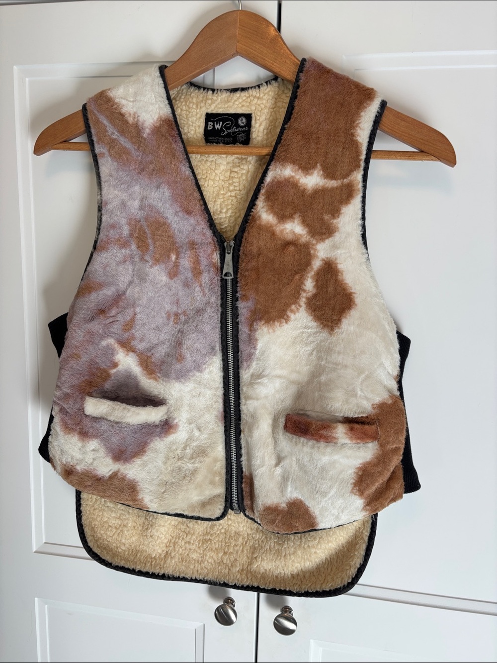 Vintage Faux Shearling Cow Print Vest - Brown & Cream
